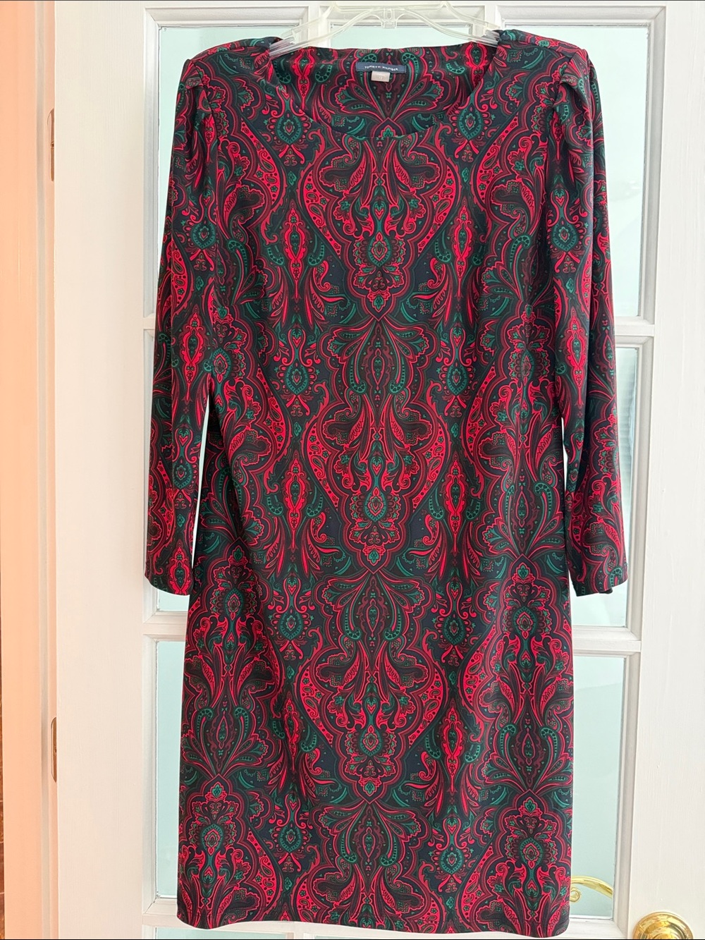 Tommy Hilfiger Red and Green Paisley Long-Sleeve Dress, Sz. 12